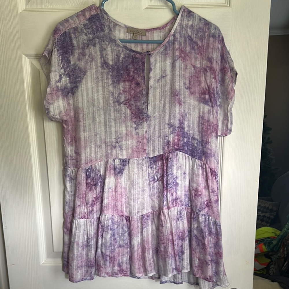 Wonderly Purple and White Pleated Short Sleeve Tunic